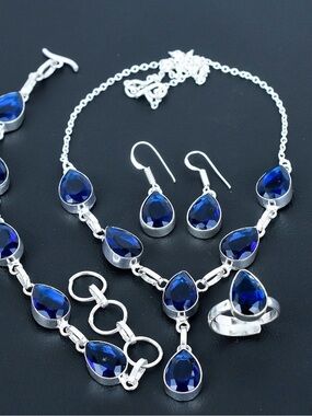 925 Sterling Silver Blue lolite Jewelry Set - Necklace Earrings Bracelet Ring